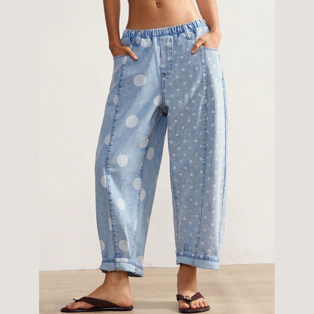 Light Wash Blue / White Polka Dot Cuffed Cropped Tapered Denim Jeans Pants
